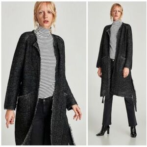 Zara Long Knit Cardigan Black Belted Sweater Coat Size L